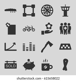 Concept icons set. set of 16 concept filled icons such as taxi, plane, airport tower, ribbon, axe, caterpillar, equalizer, medical group, sold tag, coffee, piggy bank, graph