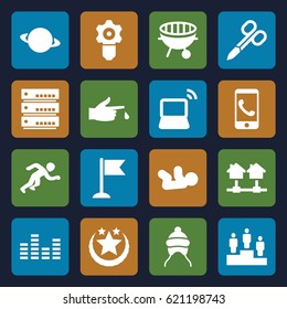Concept icons set. set of 16 concept filled icons such as baby cap, baby, manicure scissors, flag, laptop, injured finger, bbq, equalizer, ranking, running, star, gear keyhole