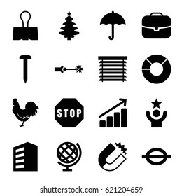 Concept icons set. set of 16 concept filled icons such as chicken, building, nail, music note, paper clamp, window shutter, stop, globe, graph, electric circuit, pie chart