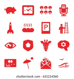 Concept icons set. set of 16 concept filled icons such as pig, tree, giraffe, parking, credit card, love letter, bread, home security, umbrella, sea and gull, rocket, eye