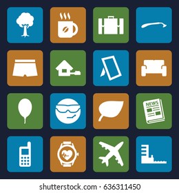 Concept icons set. set of 16 concept filled icons such as razor, phone, coffee, cool emot in sunglasses, tree, heartbeat watch, news, balloon, photo, harbor, sofa, home