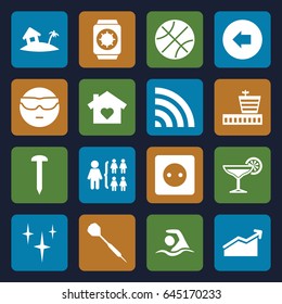 Concept icons set. set of 16 concept filled icons such as arrow left, airport, plug socket, clean, structure, nail, cool emot in sunglasses, wi-fi, home on island, cocktail