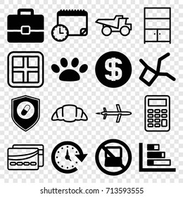 Concept icons set. set of 16 concept filled and outline icons such as no laptop, health insurance, paw, time, dollar coin, calendar with clock, case, window, truck, croissant