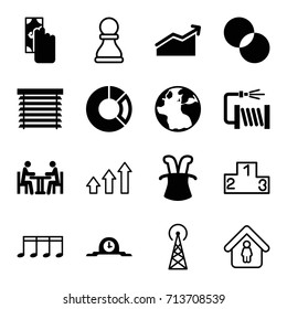 Concept icons set. set of 16 concept filled and outline icons such as signal tower, globe, circle intersection, water hose, meeting, window shutter, clock, pie chart, chart