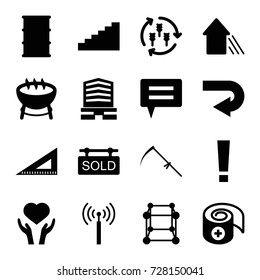 Concept icons set. set of 16 concept filled icons such as harvest, signal tower, business center, ruler, scythe, barrel, heart on hand, bandage, arrow up, sold tag, stairs