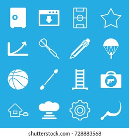 Concept icons set. set of 16 concept filled and outline icons such as briefcase with weapon, ladder, cotton buds, scythe, pen, basketball, graph, cloud connection, home