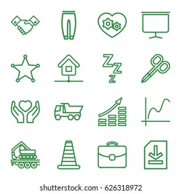 Concept icons set. set of 16 outline icons such as cone barrier, manicure scissors, underpants, truck, cargo crane, hands holding heart, gear heart, case, board, file