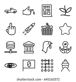 Concept icons set. set of 16 concept outline icons such as turkey, car, baby cap, star, fried egg and bacon, injured finger, plant, middle finger, flag with dollar, rocket