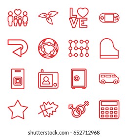 Concept icons set. set of 16 concept outline icons such as plant, leaf, van, calculator, family, love word, male and female, portable console, piano, intercom, door bell
