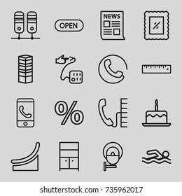 Concept icons set. set of 16 concept outline icons such as call, business centre, cake with one candle, wardrobe, blood pressure, ruler, photo, open, street lamp, phone, chart