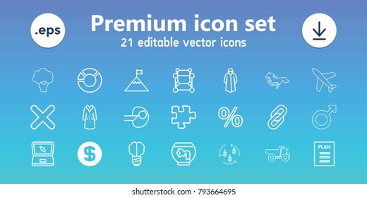 Concept icons. set of 21 editable outline concept icons includes dollar coin, overcoat, puzzle, cube, aquarium, core, brain bulb, pie chart, percent, link, laptop, cross, plan