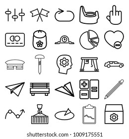 Concept icons. set of 25 editable outline concept icons such as baby toy, baby potty, credit card, car, gear, calculator, middle finger, gear in head, paper plane