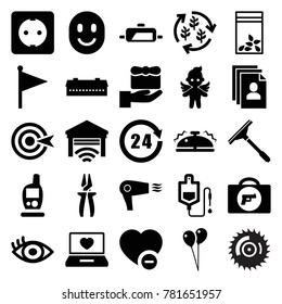 Concept icons. set of 25 editable filled concept icons such as barn, briefcase with weapon, balloon, window squeegee, gift, seed bag, drop counter, minus favorite