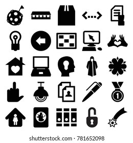 Concept icons. set of 25 editable filled concept icons such as arrow left, barn, pointer on display, overcoat, binder, man in home, pointing on document, resume, bulb, laptop