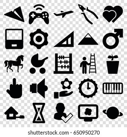 Concept icons set. set of 25 concept filled icons such as horse, triangle ruler, pyramid, baby stroller, pliers, middle finger, plant in pot, plane, piano, lamp, home