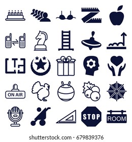 Concept icons set. set of 25 concept filled and outline icons such as ladder, baby stroller, whirligig, bra, group, heart on hand, room tag, plan, stop, graph, umbrella, star