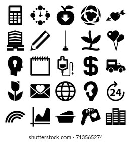 Concept icons set. set of 25 concept filled icons such as 24 hours, building, ear, laundry, business center, pencil, hoe, drop counter, love letter, heart with arrow
