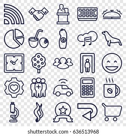 Concept icons set. set of 25 concept outline icons such as metal gate detector, seal, tree, clock, coffee, water bottle, pot for plants, heart in gear, group, medical group