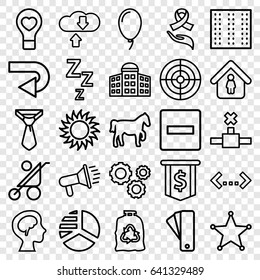 Concept icons set. set of 25 concept outline icons such as field, building   isolated  sign symbol, tag, baby stroller, trash bag, tie, pie chart, man in home, sun, bulb heart