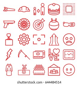 Concept icons set. set of 25 concept outline icons such as no hair in skin, overcoat, flash, son and father, group, hook with cargo, cake, croissant, scythe, saw, love word