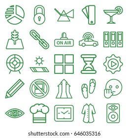 Concept icons set. set of 25 concept outline icons such as no laptop, police car, lock, tag, flip flops, overcoat, pie chart, pencil, chain, speaker, open air, play in gear