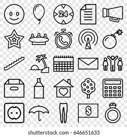 Concept icons set. set of 25 concept outline icons such as alarm, tree, stairs, underpants, mail, calculator, group, spray paint, home with heart, megaphone, paper, balloon