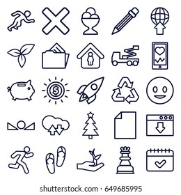 Concept icons set. set of 25 concept outline icons such as flip flops, man in home, crane, ice cream ball, leaf, heartbeat on phone, calendar, pencil, document in folder