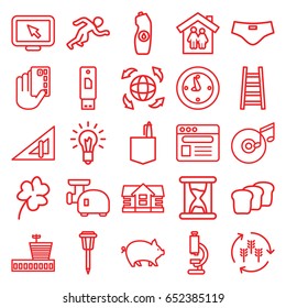 Concept icons set. set of 25 concept outline icons such as airport, harvest, pig, triangle ruler, house, clover, office room, water bottle, ladder, street lamp, globe, browser