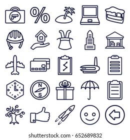Concept icons set. set of 25 concept outline icons such as umbrella, briefcase with weapon, arrow left, helmet, business center, plane, piece of cake, cargo barn, thumb up