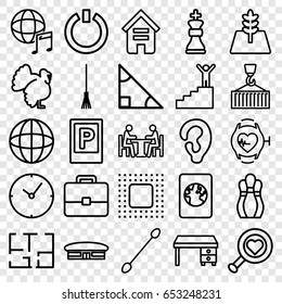 Concept icons set. set of 25 concept outline icons such as parking, airport, turkey, building, ear, cotton buds, office desk, rake, cargo on hook, heartbeat watch