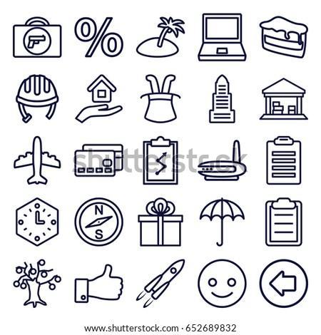 Concept icons set. set of 25 concept outline icons such as umbrella, briefcase with weapon, arrow left, helmet, business center, plane, piece of cake, cargo barn, thumb up