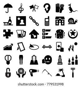 Concept icons. set of 36 editable filled concept icons such as business center, bridge, hair dryer, ear, glove, champagne and wine glasses, phone, ranking, puzzle, house