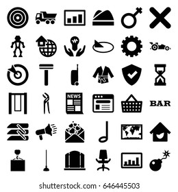 Concept icons set. set of 36 concept filled icons such as gear, razor, gate, bar, truck, hook with cargo, pliers, hoe, graph, love letter, male, bomb, browser, music note