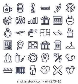 Concept icons set. set of 36 concept outline icons such as signal tower, gear, building, barn, calculator, plant in pot, harden hose, spray bottle, gloves, family, bank, plane