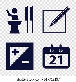 Concept icons set. set of 4 concept filled icons such as paper and pen, light exposure, calendar