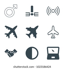 Concept icons. set of 9 editable filled and outline concept icons such as laptop, handshake, brightness, plane, signal, school