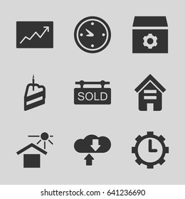 Concept icons set. set of 9 concept filled icons such as building, gear, house under sun, clock, clock in gear, line graph, piece of cake, sold tag
