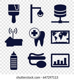 Concept icons set. set of 9 concept filled icons such as paint brush, graph, pin microphone, dental care, street lamp, home signal, world map, server