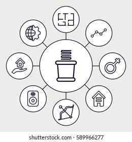 concept icons set. Set of 9 concept outline icons such as building, towels, male, bow, line graph, house insurance, plan, speaker