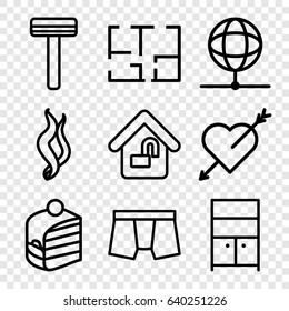 Concept icons set. set of 9 concept outline icons such as razor, wardrobe, man underwear, piece of cake, home lock, plan, smoke, globe