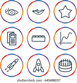 Concept icons set. set of 9 concept outline icons such as rocket, woman in hammock, news, eye, cake, graph, building block