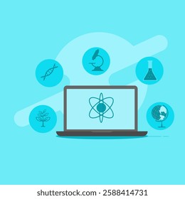 Concept icons symbolizing various fields of science and innovation, flat style vector illustration.