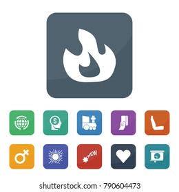 Concept icons. vector collection filled concept icons such as fire, money in head, pie chart, chair, female sign, train toy, credit card payment, globe, new, heart