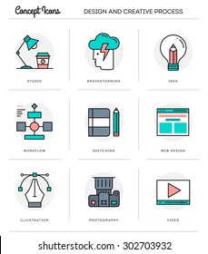 Concept icons,design and creative process, flat thin line design, vector illustration