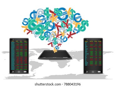 Concept and idea around the world stock trading and investment. Business finance and currency infographic. Vector EPS10