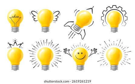 Concept of idea, brainstorm, teamwork signs. Set of yellow 3d light bulbs with hand drawn rays, wings, crown, face, rocket, gear. Cute design elements for print, web. Isolated Vector illustration
