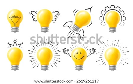 Concept of idea, brainstorm, teamwork signs. Set of yellow 3d light bulbs with hand drawn rays, wings, crown, face, rocket, gear. Cute design elements for print, web. Isolated Vector illustration
