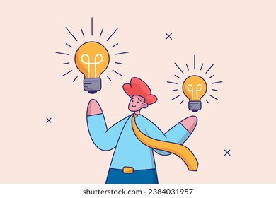 Concept of idea, brainstorm, thinking, solution, eureka, bingo. Man with lightbulb choising right one, makind decision. Flat vector business illustration.