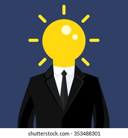 Concept of idea. Business Man with light bulb instead of his head. Flat design, vector illustration