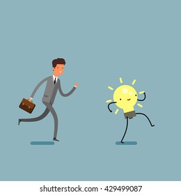 Concept of idea. Businessman running and try to catch idea. Flat design, vector illustration.